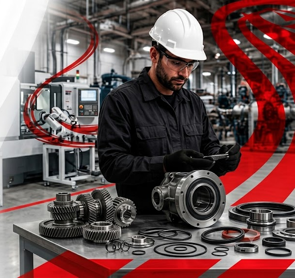Industrial worker with gears and factory machinery
